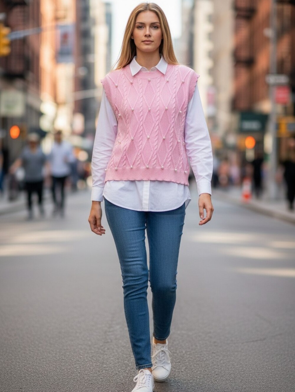 Pink Cable Knit Sweater Vest | Pearl Embellishments